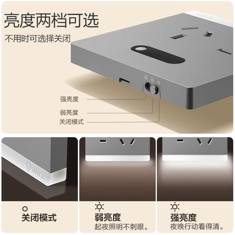 bull公牛人体感应地脚灯带五孔插座嵌入式光感楼梯间过道led小夜灯
