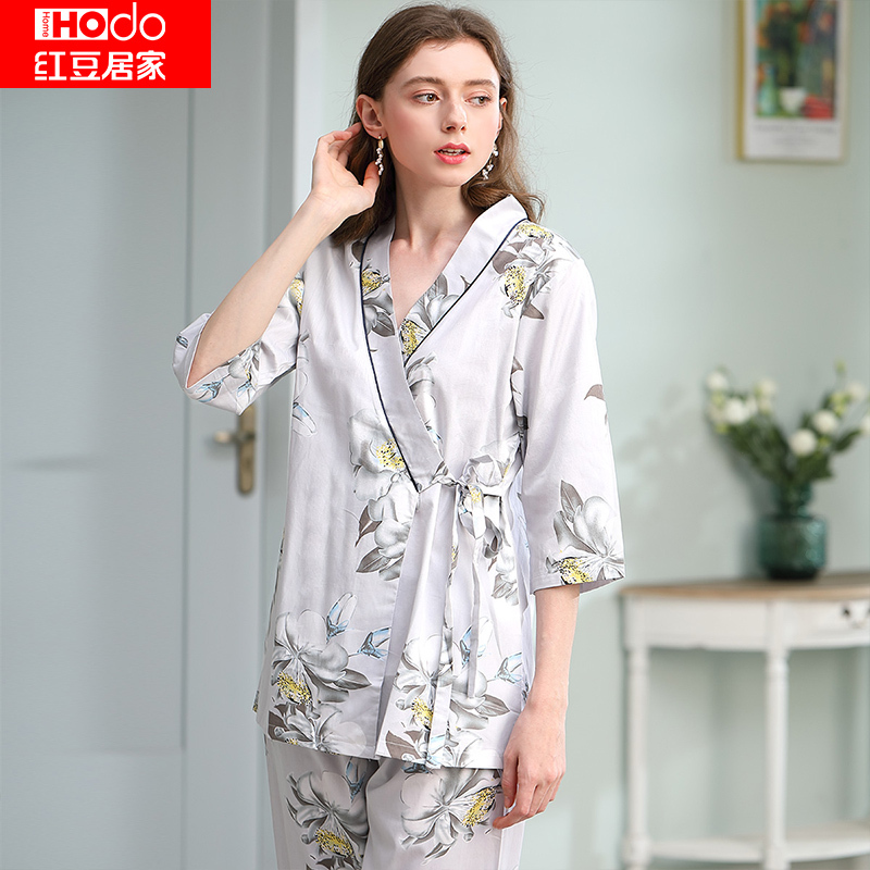红豆居家(Hodohome)女士睡衣日式和服居家服花卉印花系带式中袖长裤甜美系可外穿家居服