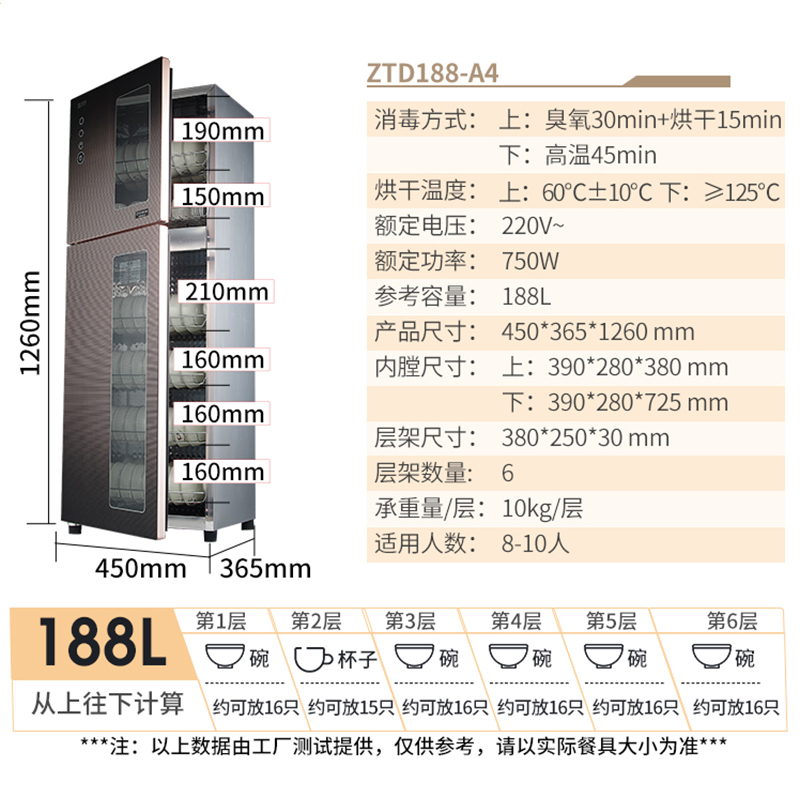 圣托(Shentop)消毒碗柜二星级高温不锈钢 红外线臭氧 不锈钢大容量耐用 家用家用立式厨房消毒柜 ZTD188-A4