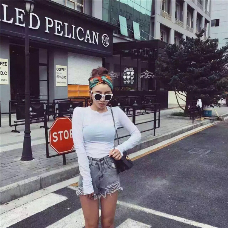 春夏新款薄修身显瘦性感堆堆袖打底衫百搭纯色T恤女上衣白色均码