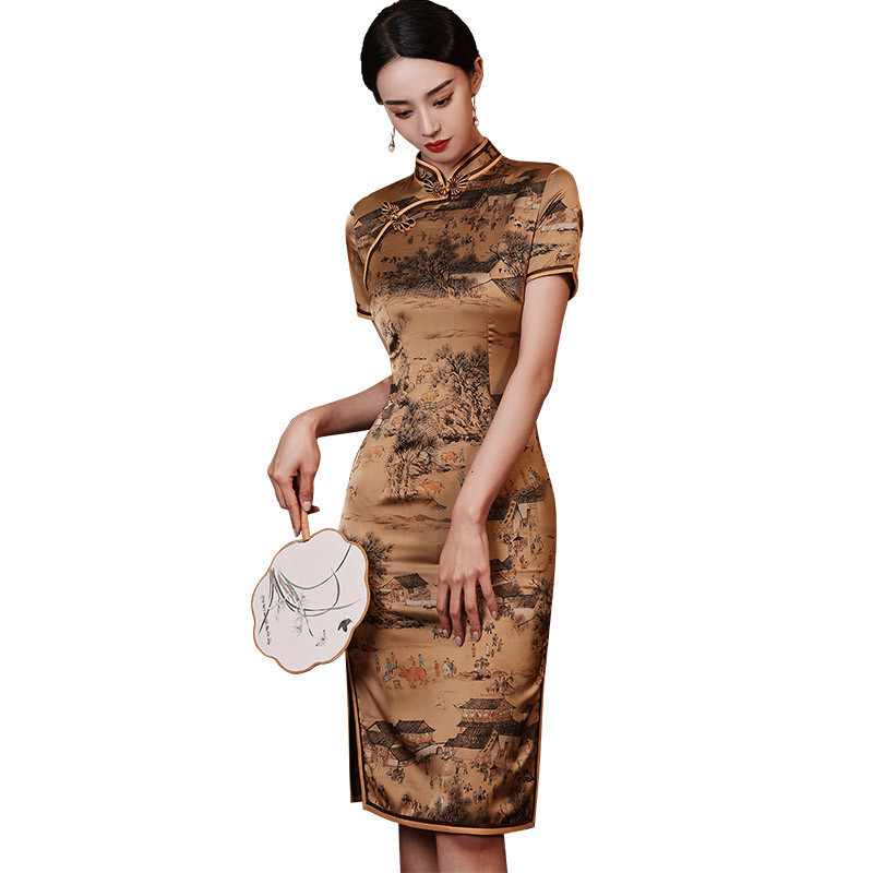 复古改良中式中长款短袖旗袍新款中老年女士旗袍裙报价_参数_图片_视