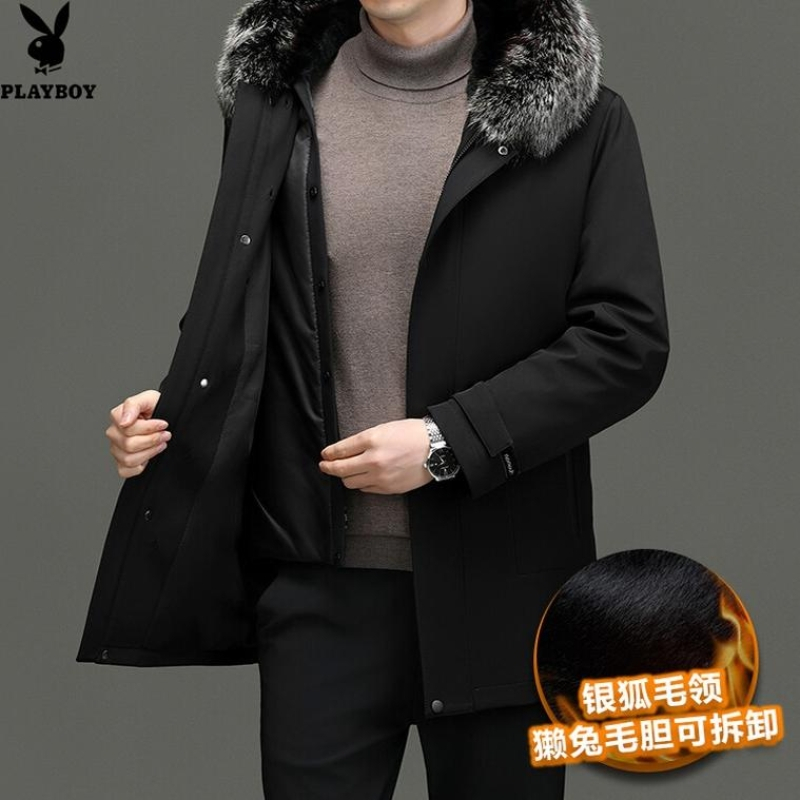 花花公子品牌高端银狐绒毛领可拆内胆獭兔毛内胆中长款男士派克服秋冬外套