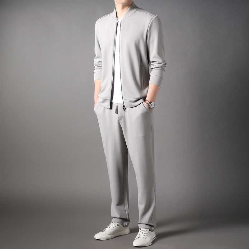 华夫格休闲套装男运动两件套春秋季棒球领长袖卫衣外套潮流长裤高清大图