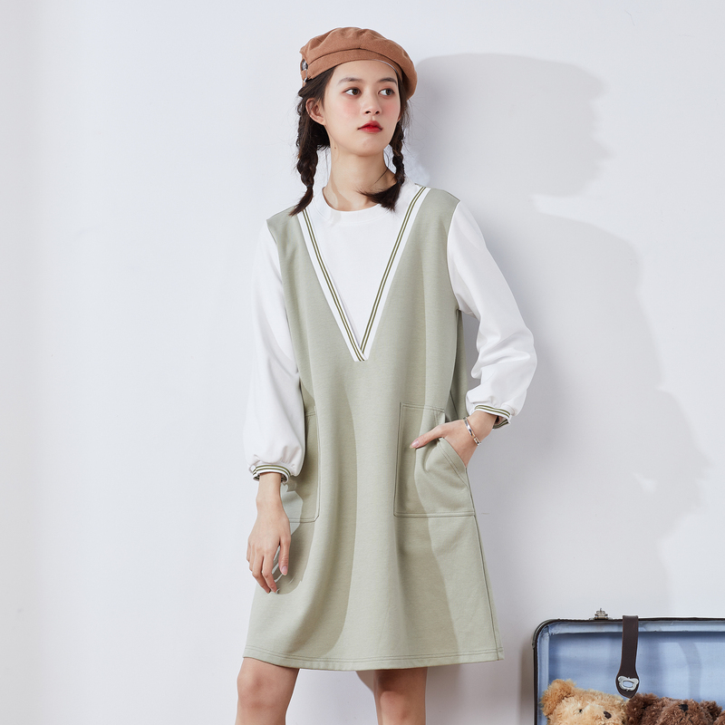 唐狮春秋季新款连衣裙女中长款假两卫衣裙韩版宽松休闲裙子