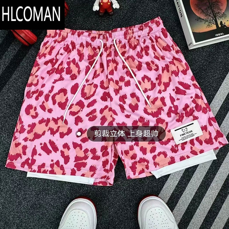 HLCOMANFI美式豹纹短裤男女夏季跑步速干运动裤刺绣假四分篮球裤