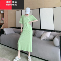 YIBUSHENG2023年不规则设计感长款过膝开叉裙子女季小心机露腰宽松连衣腰 M 绿色308