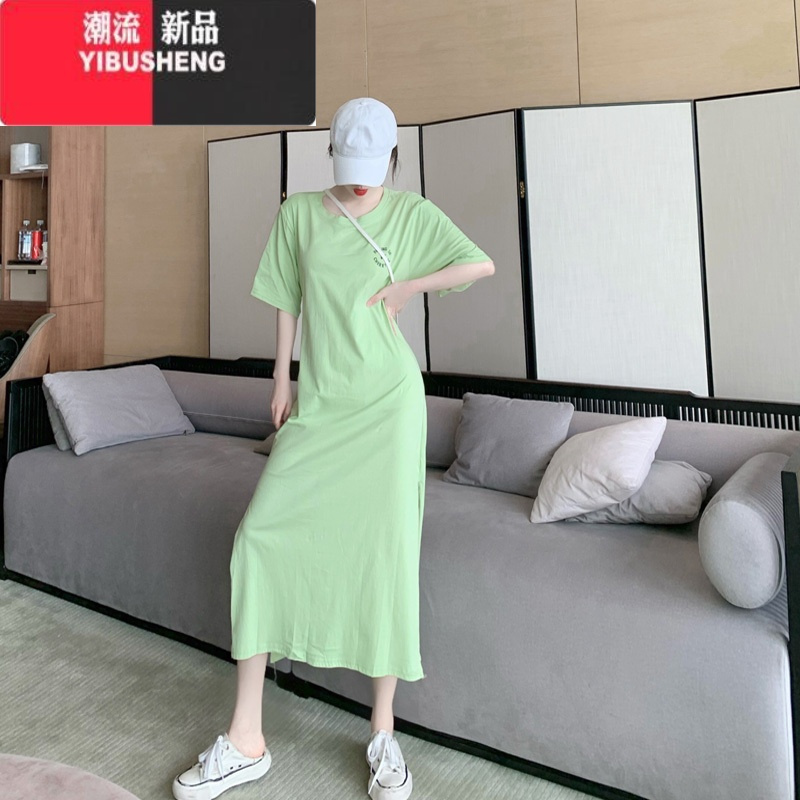 YIBUSHENG2023年不规则设计感长款过膝开叉裙子女季小心机露腰宽松连衣裙