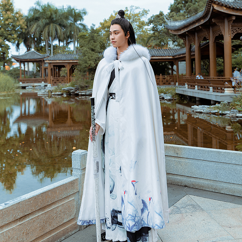 汉服披风男加厚保暖双面呢中国风古风秋冬外套大毛领日常白色斗篷风衣