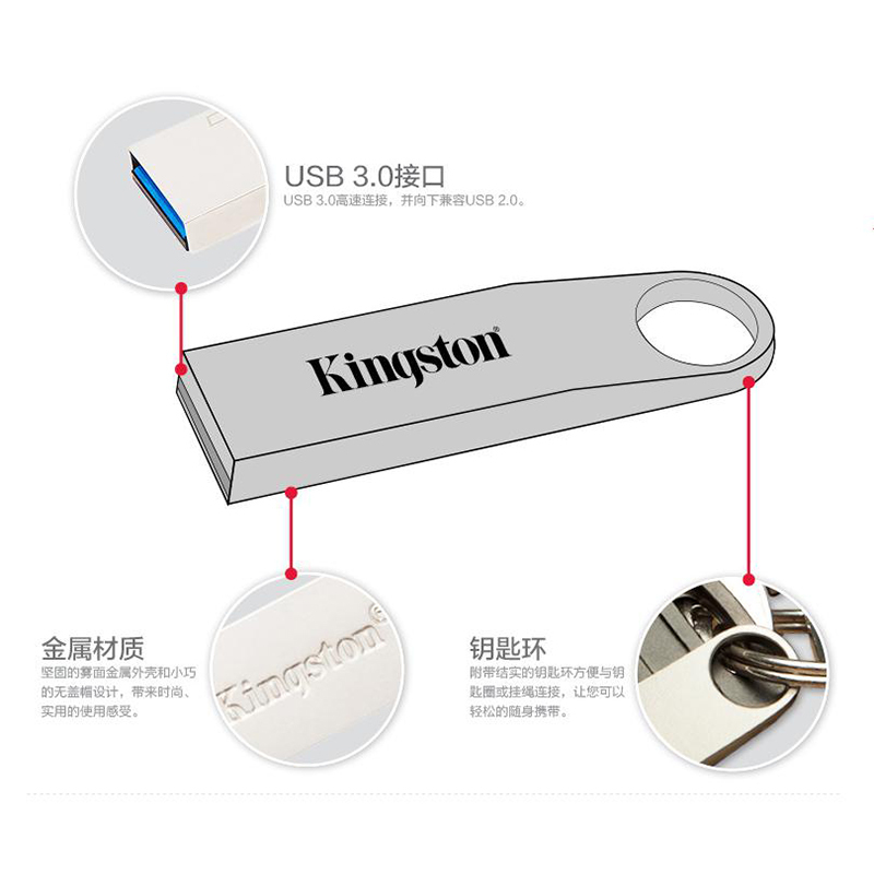 32GB U盘金士顿(Kingston) USB3.0 DTSE9G2 金属迷你型车载U盘 银色亮薄 读速100MB/s
