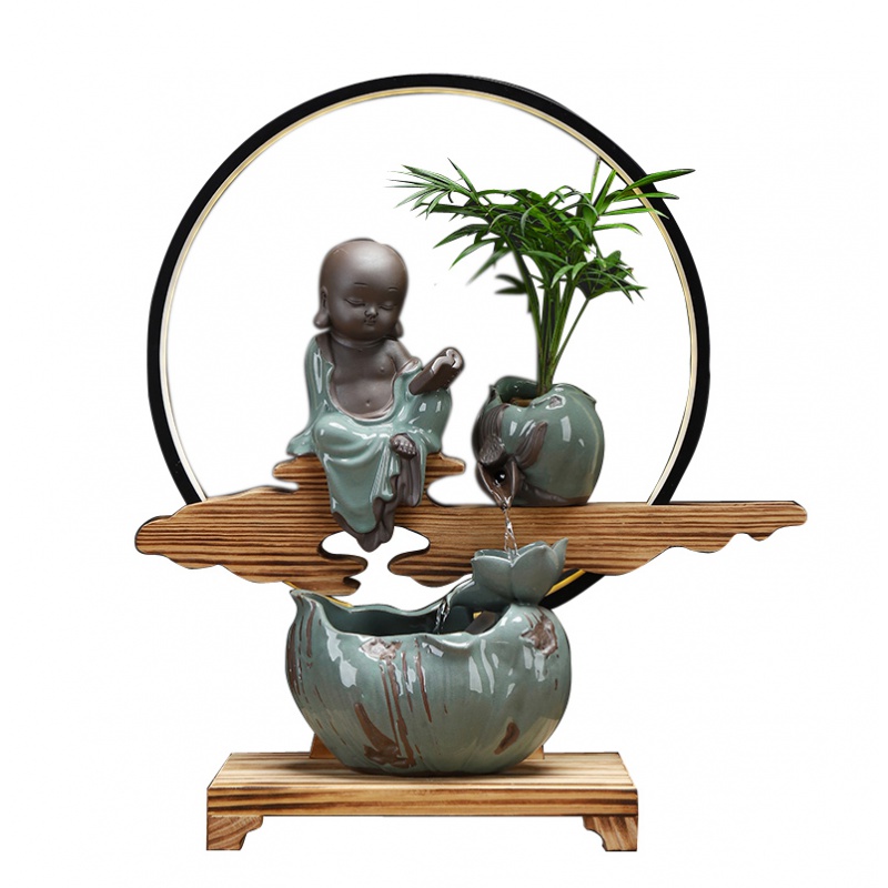 新款陶瓷流水喷泉加湿器带灯圈开业新居礼品办工作摆件装饰品 三维工匠 一路通高清大图