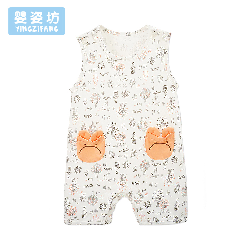 中性碎花圆领无袖连体服