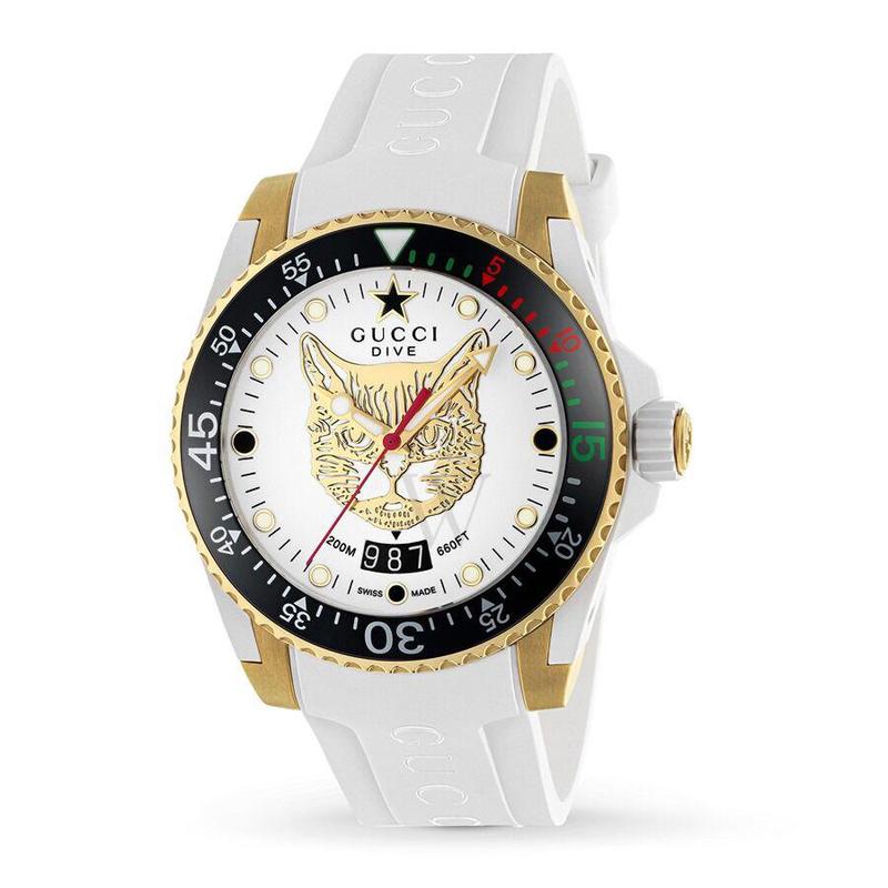 古驰(gucci) 女表 潜水橡胶白色表盘时尚经典石英手表 猫头图案 日期