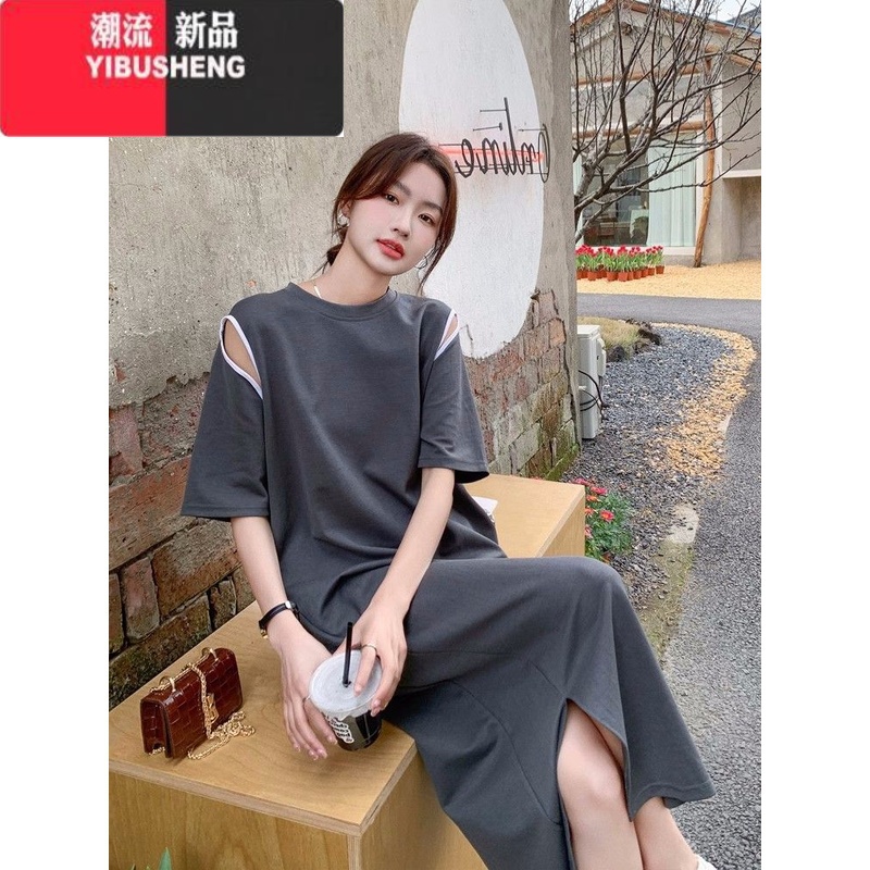 YIBUSHENG设计感镂空过膝长款连衣裙女季新款胖mm大码300斤宽松显瘦t恤S高清大图