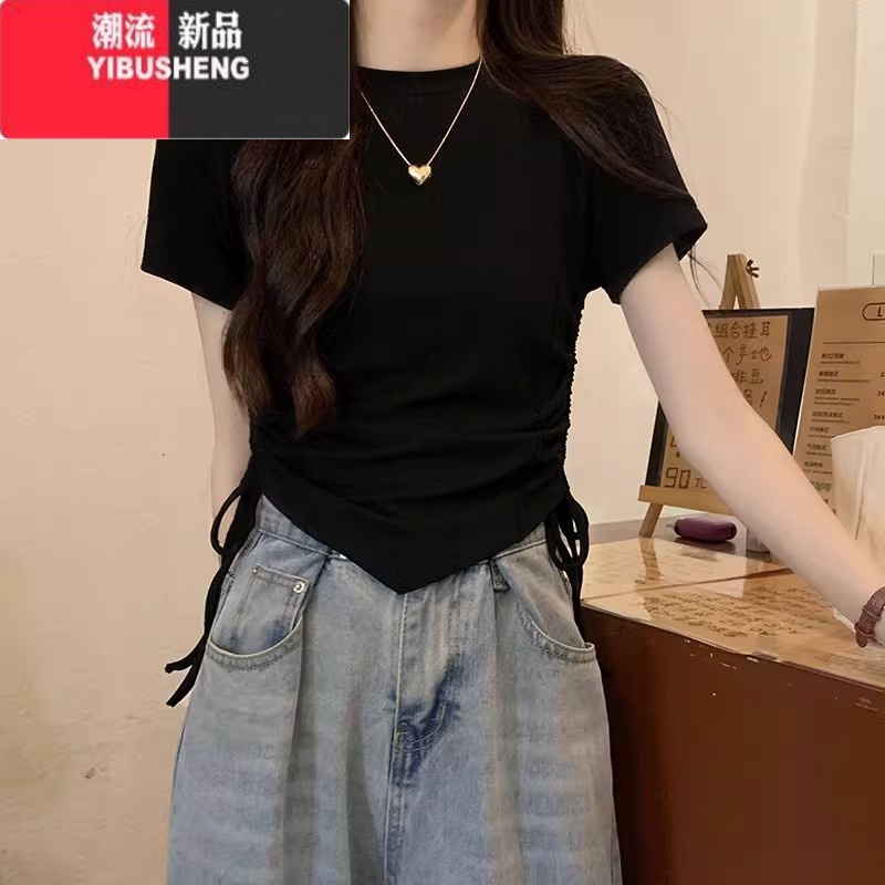 YIBUSHENG纯欲辣妹风抽绳设计感短袖t恤女季新款不规则修身显瘦短款上衣高清大图