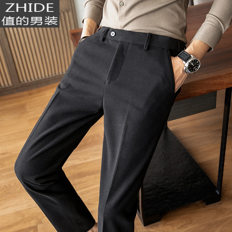 suntek秋冬季毛呢料休闲裤男士修身韩版潮流磨毛西装裤小脚西裤子男