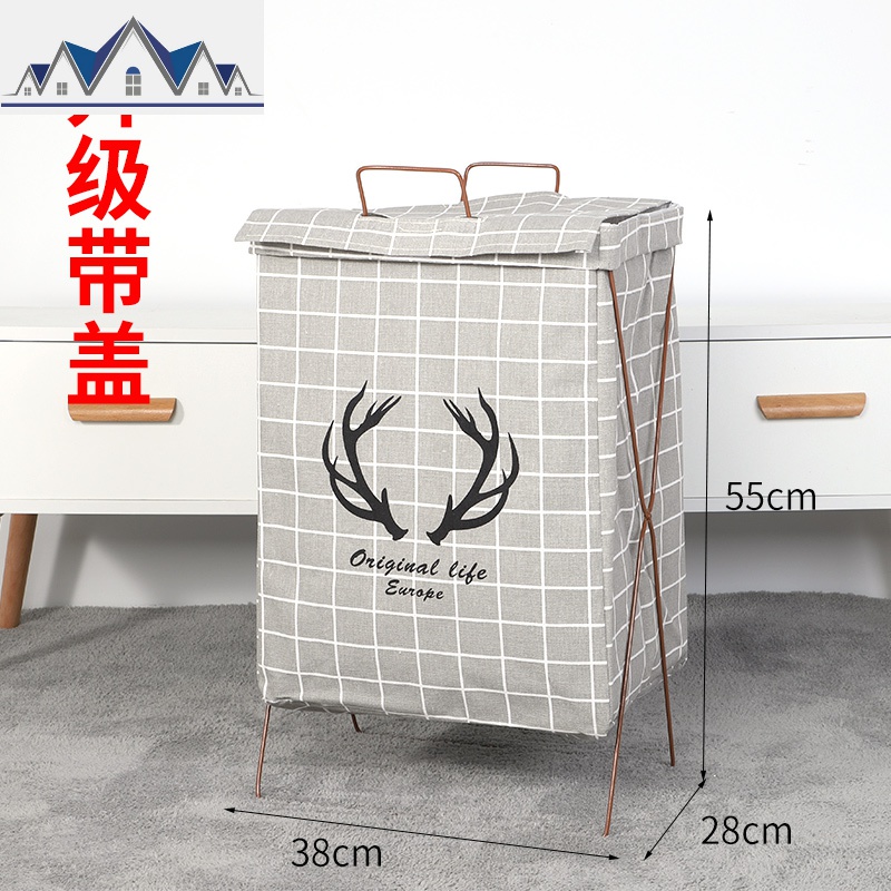 北欧玩具脏衣服收纳筐脏衣篮篓桶可折叠装防水家用布艺大号卫生间 三维工匠收纳篮 花色灰色鹿角带盖
