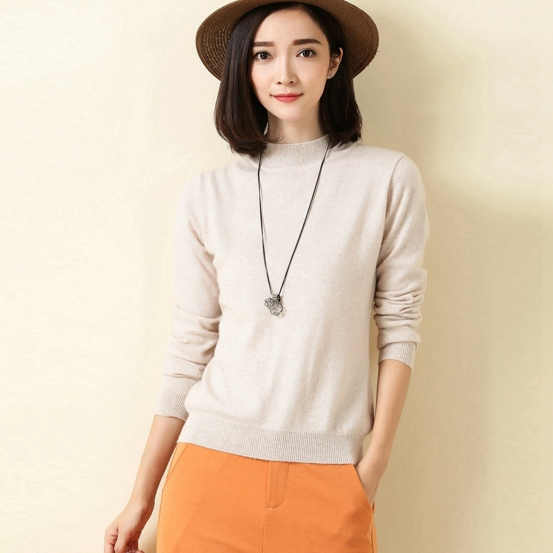 秋冬女士羊毛衫修身半高领纯色打底衫圆领紧身针织衫羊绒衫短