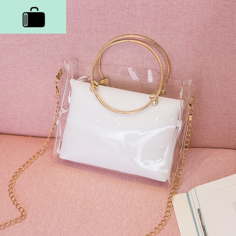 包包女2020新款夏天透明果冻包韩版链条斜挎包百搭子母手提单肩包NEWLAKE 白色T554E透明手提包