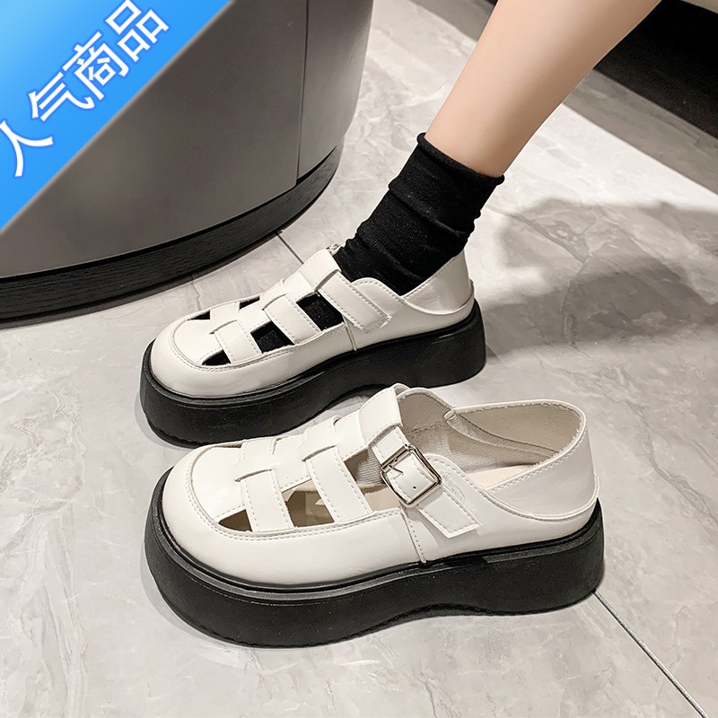 SUNTEK罗马凉鞋女2023年新款包头凉鞋女夏季松糕两穿镂空学院风大头鞋子高清大图