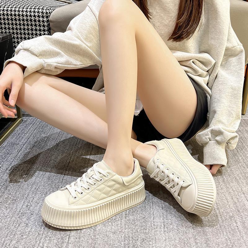 权小威 厚底饼干鞋女2023年春款增高休闲板鞋学生单鞋格纹舒适小白鞋