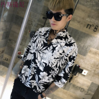 新款碎花短袖衬衫男士五分袖韩版修身夏季精神小伙套头中袖寸衫潮