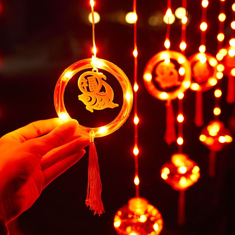 新年红灯笼串春节装饰房间阳台庭院客厅过年氛围灯小灯笼灯串灯饰-3米宽灯笼【三层】窗帘插电款-无规格高清大图