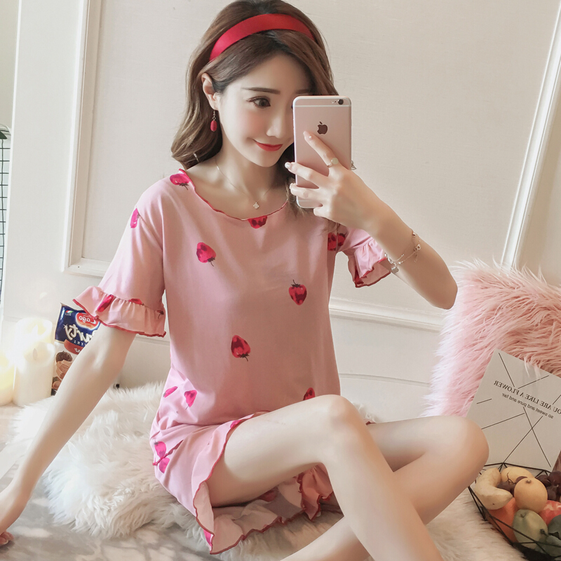 韩版清新学生睡衣女夏季短袖棉质甜美可爱冰丝外穿家居服两件套装