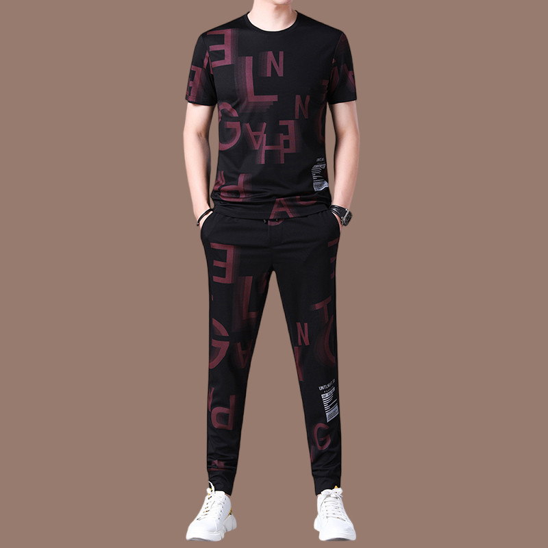 恒源祥高档桑蚕丝男士休闲运动套装男夏季短袖圆领搭配冰丝夏装潮 215款红色 170/L适合体重120-135斤