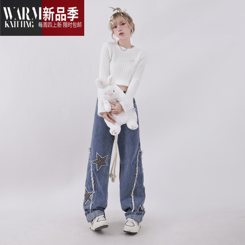 SHANCHAORayohopp牛仔裤女春季新款国潮牌复古刺绣星星设计阔腿筒休闲裤