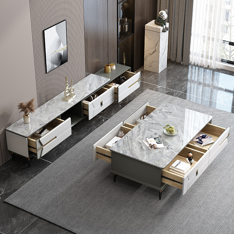 宜意式极简北欧ins风带抽岩板面现代简约一体化客厅家具h26茶几电视柜