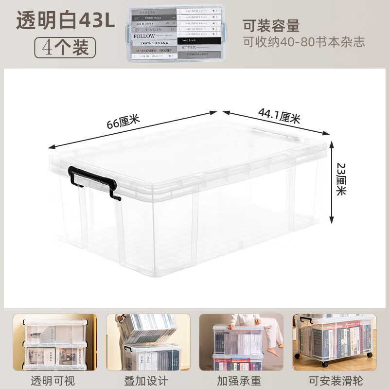 禧天龙(Citylong) X-6031大力士收纳箱4个装(透白)特大号有盖衣物收纳箱加厚被子收纳箱