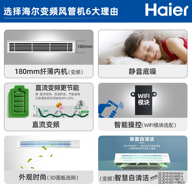 海尔/Haier 空调家用商用客厅一拖一1.5匹家庭中央直流变频隐藏式 冷暖型风管机智能控制[1.5匹KFRd-36NW高清大图