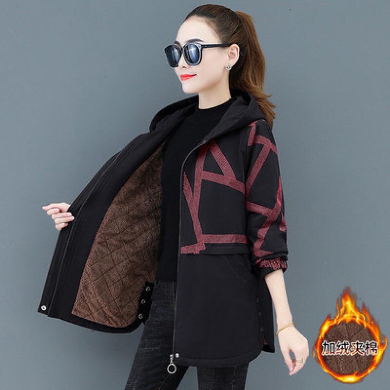 迪鲁奥（DILUAO)女春秋装2021新款韩版大码宽松中年妈妈长袖连帽衫_818 M 153#149黑色【加绒夹棉加厚】