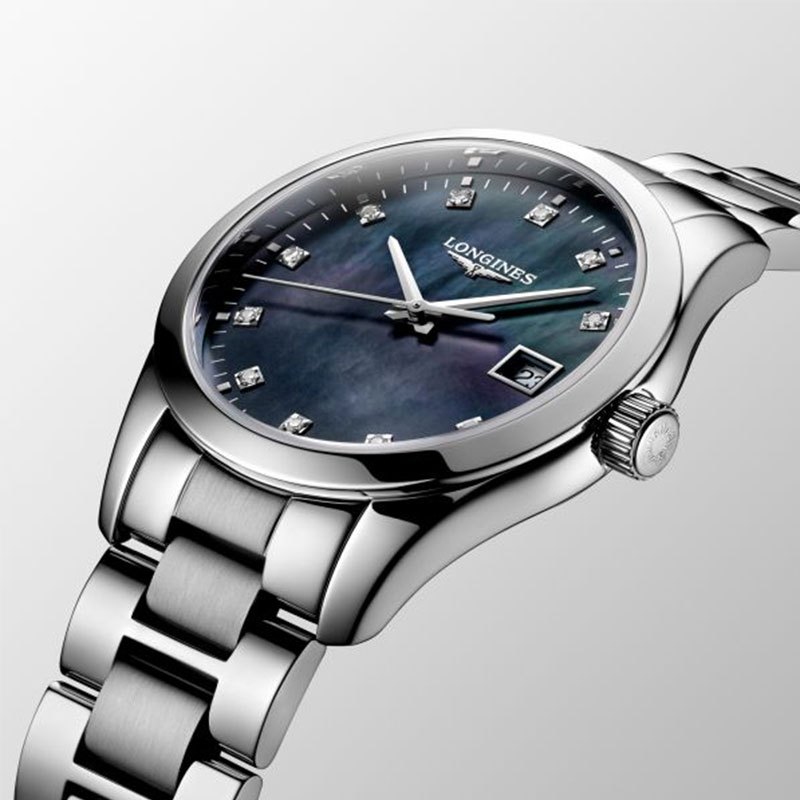 浪琴longines瑞士手表conquest康卡斯系列经典黑色珍珠贝母镶钻盘钢带