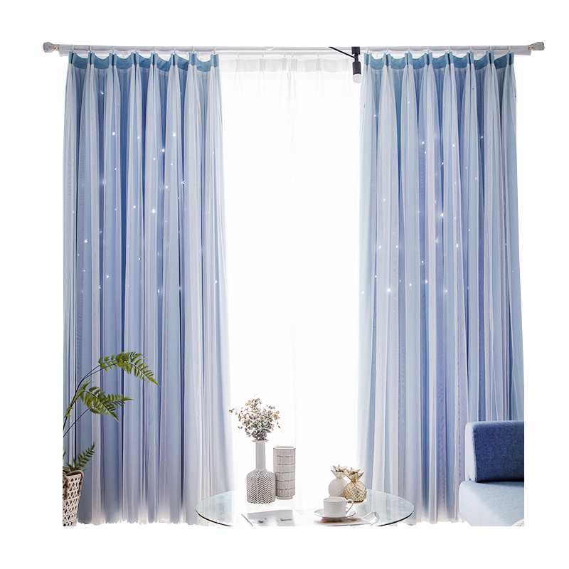 美帮汇北欧现代简约全遮光双层飘窗卧室客厅镂空星星公主风窗帘高清大图