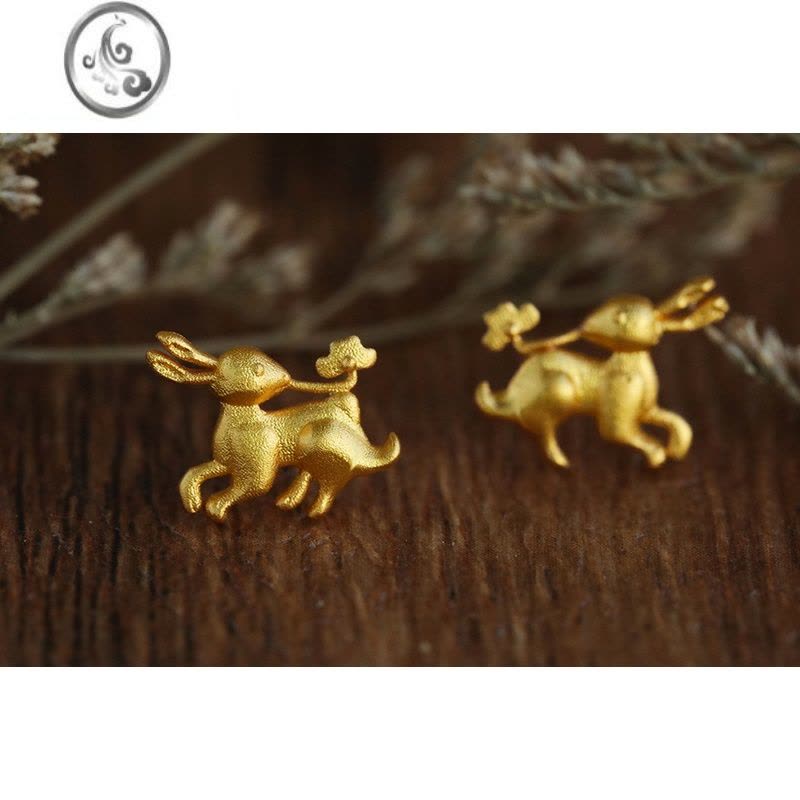 JiMi御宝司 兔衔灵芝纹戒指/耳钉 汉服文创银饰银镀金中秋指环耳饰图片