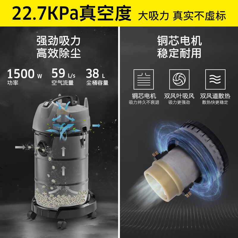 卡赫(KARCHER) 德国卡赫 商用工业不锈钢桶式干湿两用大功率大吸力吸尘器 NT38/1 36升尘桶高清大图