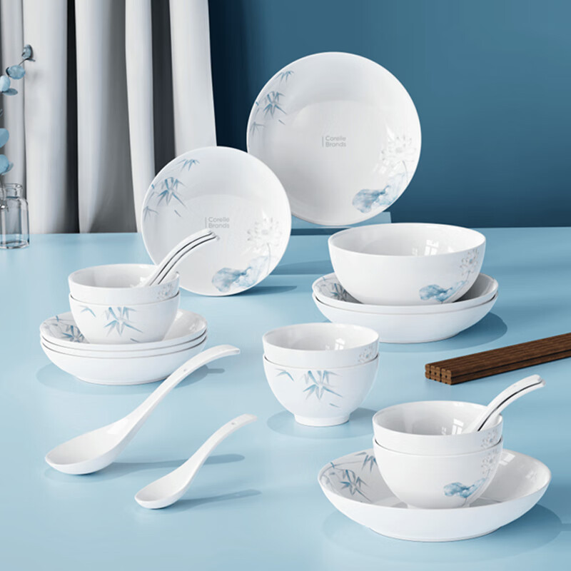 康宁(Corelle Brands)竹露荷风餐具18头釉下彩现代简约碗盘套装 CB-TC004-TG/KZ!高清大图