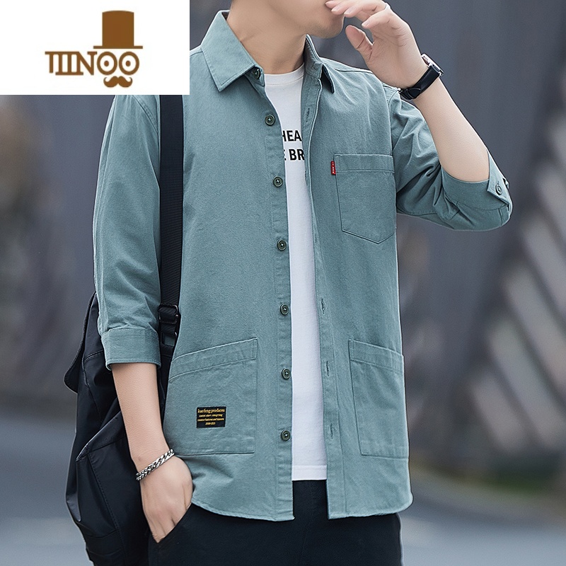 YANXU衬衫新款男短袖七分袖五分袖长袖商务工装外套修身宽分套高清大图