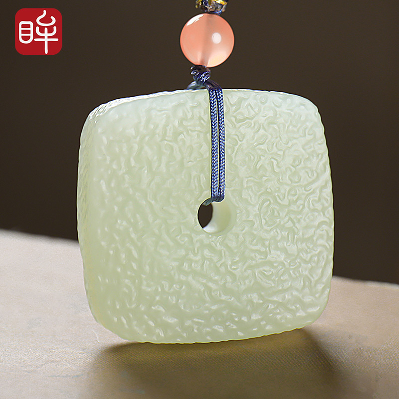 印象眸和田玉吊坠浅青玉四方守护方形平安扣男女款玉石挂件附送证书