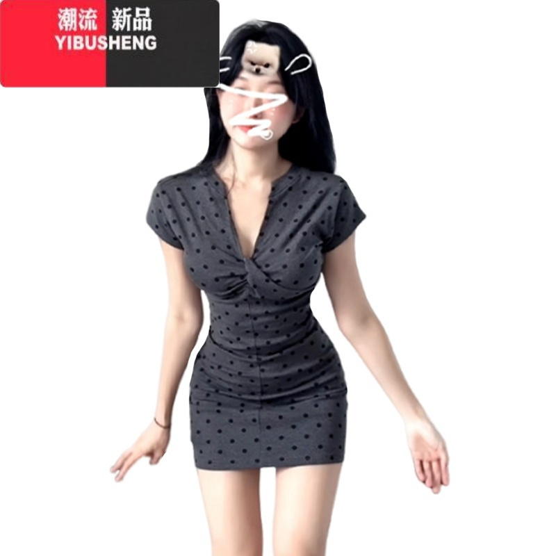 YIBUSHENG气质灰色修身显瘦波点连衣裙子女季2024新款V领包臀裙紧身性感