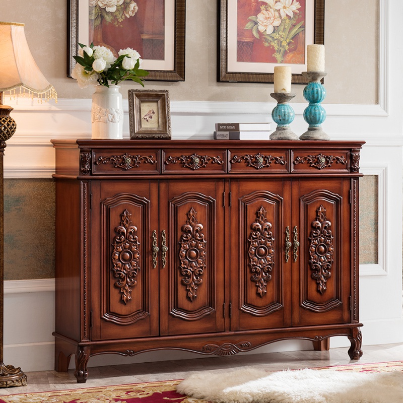 美式鞋柜实木家用大容量三欧式鞋柜玄关柜客厅厅柜玄关柜 实木四门棕色无描金整装