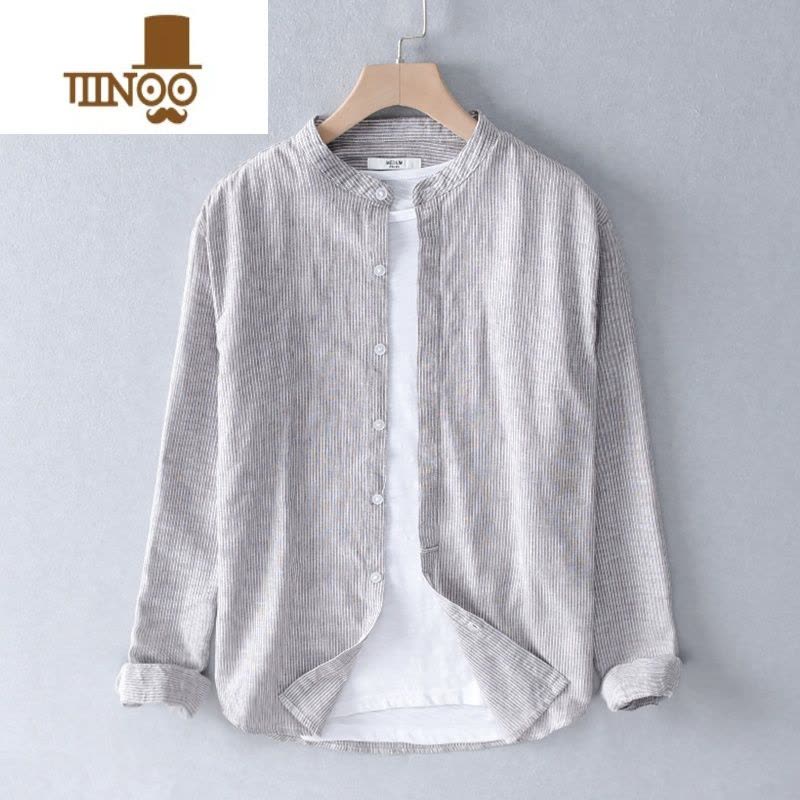 YANXU日系条纹亚麻衬衫男长袖休闲复古宽松立领棉麻衬衣男外穿夏季上衣图片