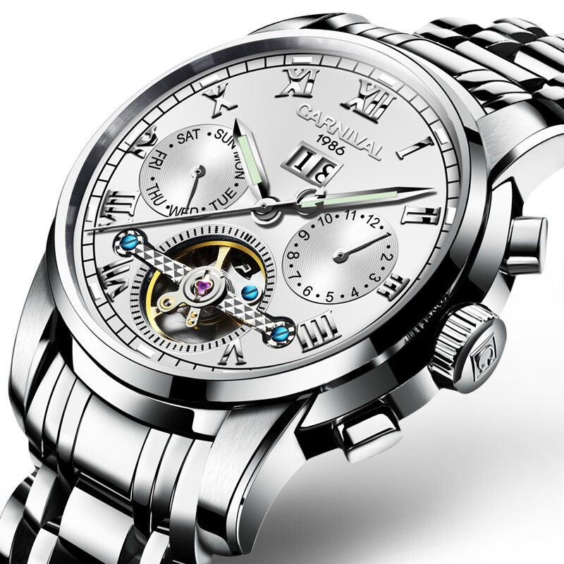 嘉年华CARNIVAL手表新款男士全自动机械表 男镂空商务休闲时尚夜光防水男表多功能大表盘商务金属精钢表带腕表8759高清大图