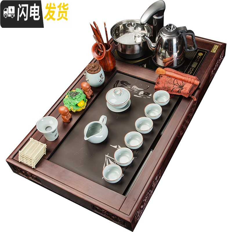 三维工匠紫砂功夫茶具套装家用简约陶瓷电热磁炉红木茶台四合一实木茶盘 荷花茶盘+紫砂石磨茶具套装 22件