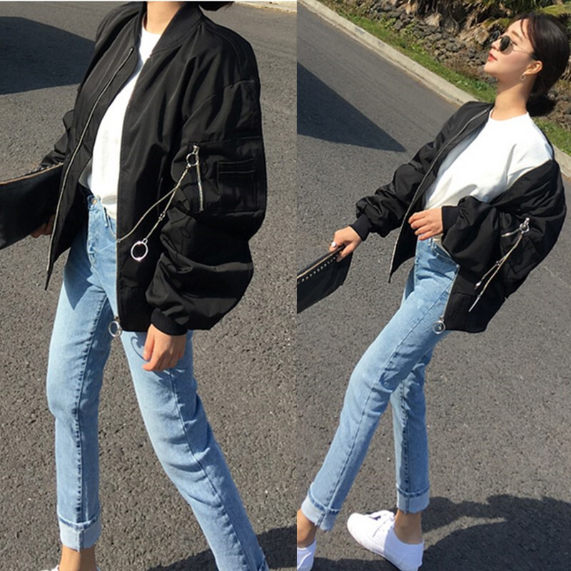 2018春秋季韩版潮宽松短外套女装飞行员夹克衫学生BF风黑色棒球服黑色