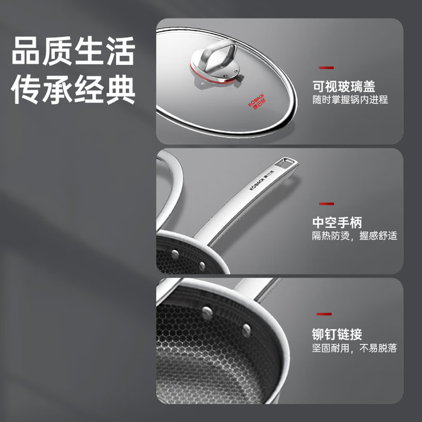 康巴赫六代煎锅不粘锅抗菌不锈钢平底锅蜂窝锅红点煎盘28cm电磁炉通用高清大图