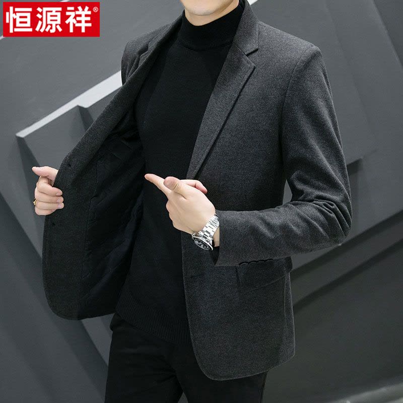 恒源祥男士毛呢西服秋冬季休闲韩版商务修身保暖加棉加厚西装外套图片