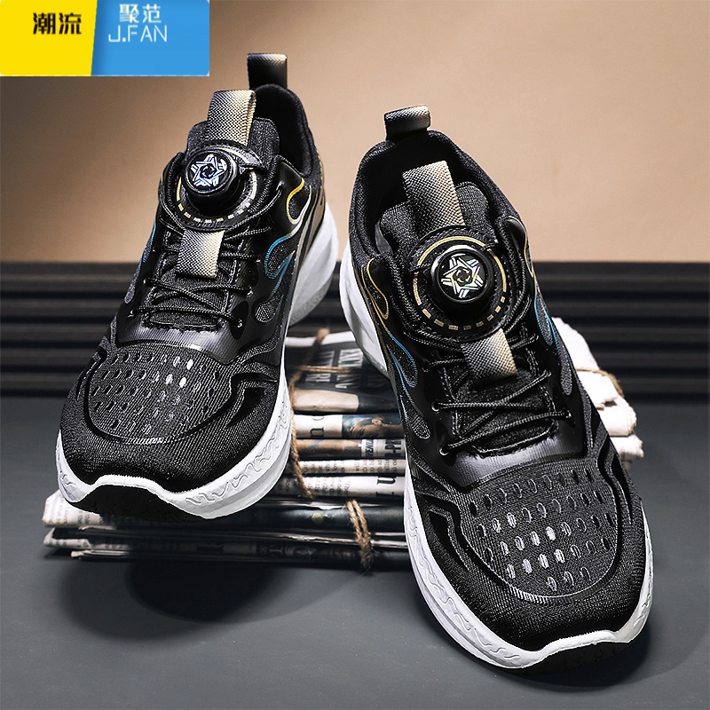 聚范男鞋夏季透气薄款网面旋转纽扣学生小白网鞋运动休闲老爹潮鞋高清大图