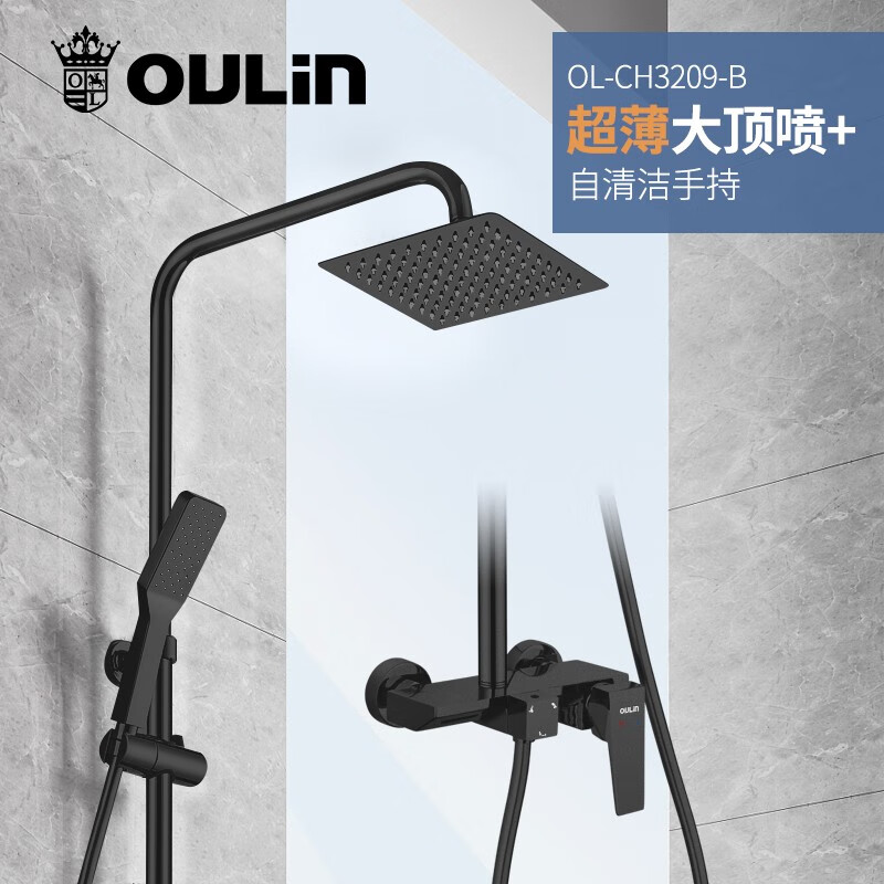 欧琳(OULIN)卫浴淋浴花洒套装 铜主体 超薄大顶喷自清洁置物花洒3209-B高清大图